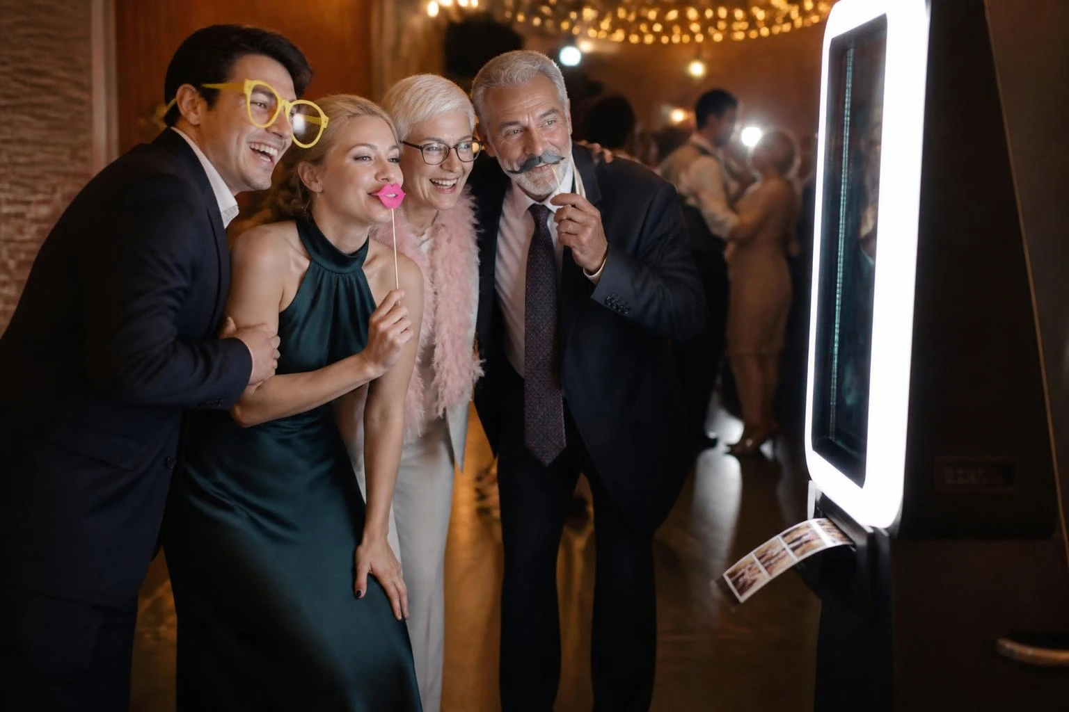 Bruiloftsgasten maken samen foto's bij de Magic Mirror tijdens het avondfeest