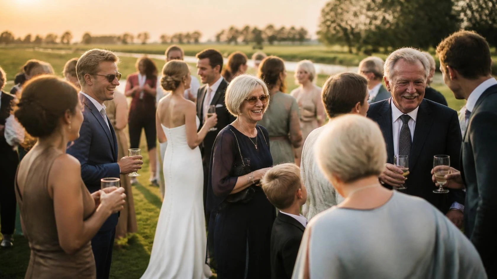 Gasten vermaken op de bruiloft: gasten van verschillende leeftijden proosten tijdens de borrel